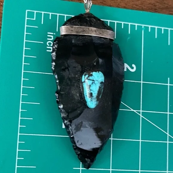925 Sterling Silver Obsidian Pendant with Turquoise Inlay Artisan Native Jewelry